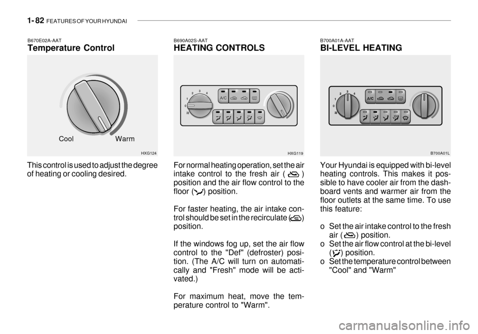 Hyundai Grandeur 2003  Owners Manual 1- 82  FEATURES OF YOUR HYUNDAI
This control is used to adjust the degree of heating or cooling desired.B670E02A-AAT Temperature Control
HXG124
Cool
Warm B690A02S-AATHEATING CONTROLS
For normal heatin