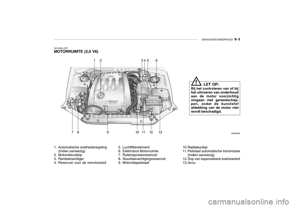 Hyundai Grandeur 2003 Handleiding (in Dutch) EENVOUDIG ONDERHOUD 6- 3
HXGS003
164
7891011 1213
235
G010A02L-GXT MOTORRUIMTE (3,0 V6)
1. Automatische snelheidsregeling (Indien aanwezig)
2. Motorolievuldop
3. Rembekrachtiger
4. Reservoir voor Hyundai Grandeur 2003 Handleiding (in Dutch) EENVOUDIG ONDERHOUD 6- 3
HXGS003
164
7891011 1213
235
G010A02L-GXT MOTORRUIMTE (3,0 V6)
1. Automatische snelheidsregeling (Indien aanwezig)
2. Motorolievuldop
3. Rembekrachtiger
4. Reservoir voor