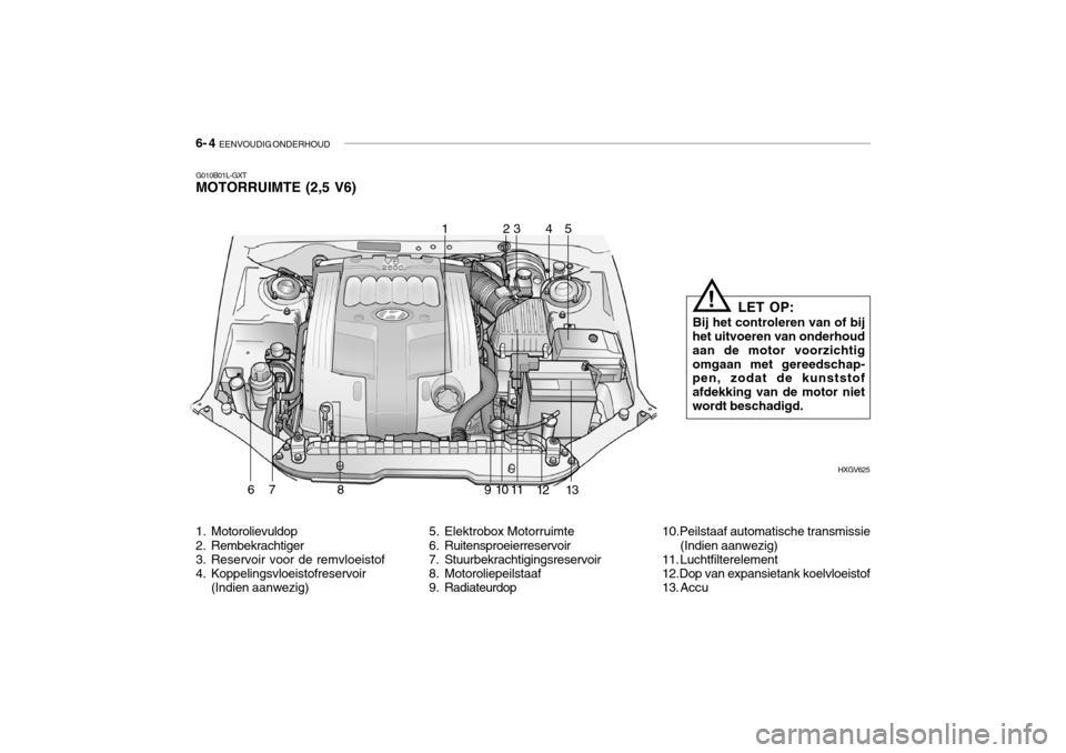 Hyundai Grandeur 2003 Handleiding (in Dutch) 6- 4 EENVOUDIG ONDERHOUD
1. Motorolievuldop
2. Rembekrachtiger
3. Reservoir voor de remvloeistof
4. Koppelingsvloeistofreservoir
(Indien aanwezig)
G010B01L-GXT MOTORRUIMTE (2,5 V6)
5. Elektrobox M Hyundai Grandeur 2003 Handleiding (in Dutch) 6- 4 EENVOUDIG ONDERHOUD
1. Motorolievuldop
2. Rembekrachtiger
3. Reservoir voor de remvloeistof
4. Koppelingsvloeistofreservoir
(Indien aanwezig)
G010B01L-GXT MOTORRUIMTE (2,5 V6)
5. Elektrobox M