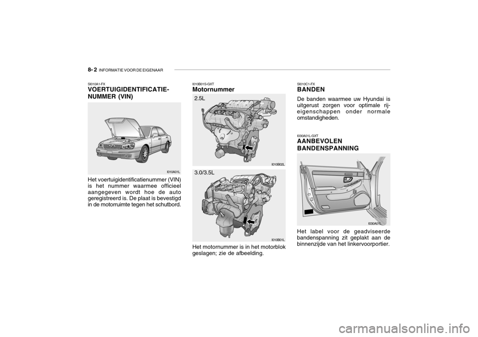 Hyundai Grandeur 2003  Handleiding (in Dutch) 8- 2  INFORMATIE VOOR DE EIGENAAR
SI010C1-FX BANDEN De banden waarmee uw Hyundai is
uitgerust zorgen voor optimale rij- eigenschappen onder normale omstandigheden.
I010B01S-GXT Motornummer
SI010A1-FXV