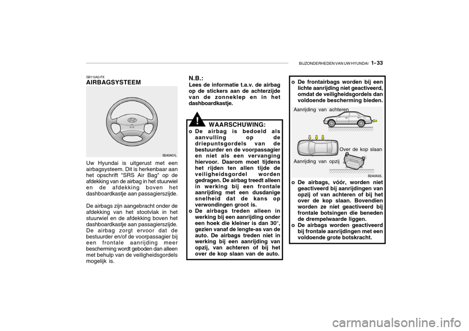 Hyundai Grandeur 2003 Handleiding (in Dutch) BIJZONDERHEDEN VAN UW HYUNDAI 1- 33
SB110A2-FX AIRBAGSYSTEEM Uw Hyundai is uitgerust met een airbagsysteem. Dit is herkenbaar aan het opschrift "SRS Air Bag" op de afdekking van de airbag in het stu Hyundai Grandeur 2003 Handleiding (in Dutch) BIJZONDERHEDEN VAN UW HYUNDAI 1- 33
SB110A2-FX AIRBAGSYSTEEM Uw Hyundai is uitgerust met een airbagsysteem. Dit is herkenbaar aan het opschrift "SRS Air Bag" op de afdekking van de airbag in het stu