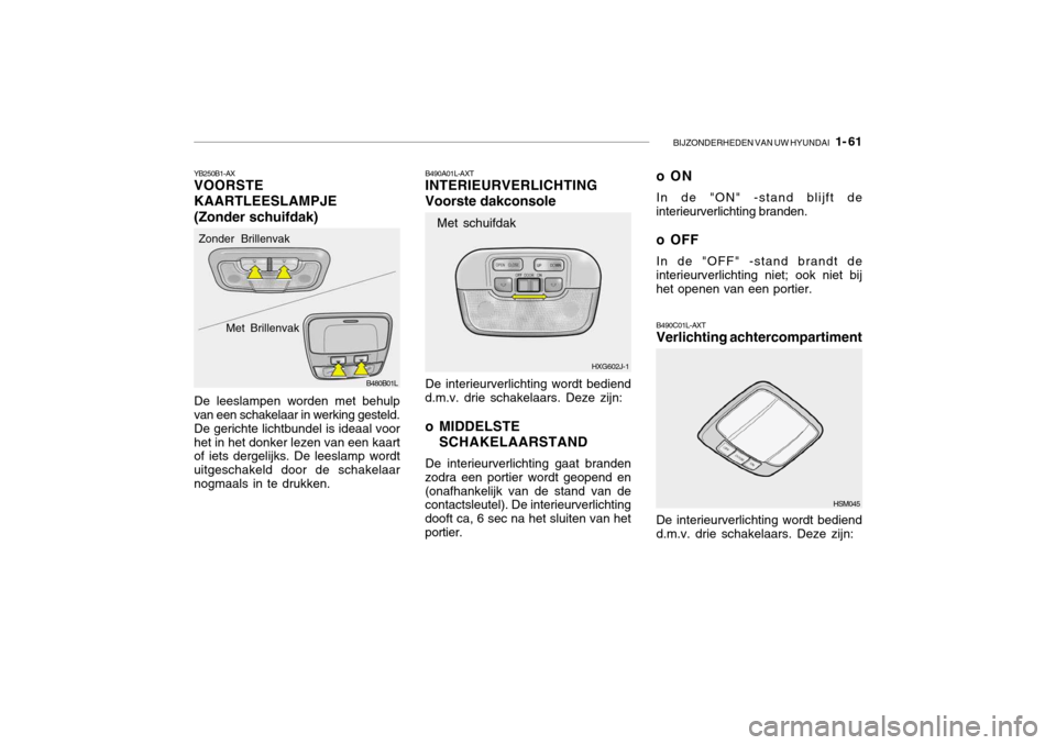 Hyundai Grandeur 2003 Handleiding (in Dutch) BIJZONDERHEDEN VAN UW HYUNDAI 1- 61
B490A01L-AXT INTERIEURVERLICHTING Voorste dakconsole
YB250B1-AX VOORSTE KAARTLEESLAMPJE(Zonder schuifdak)
B480B01L
Zonder Brillenvak
Met Brillenvak
De leeslampen Hyundai Grandeur 2003 Handleiding (in Dutch) BIJZONDERHEDEN VAN UW HYUNDAI 1- 61
B490A01L-AXT INTERIEURVERLICHTING Voorste dakconsole
YB250B1-AX VOORSTE KAARTLEESLAMPJE(Zonder schuifdak)
B480B01L
Zonder Brillenvak
Met Brillenvak
De leeslampen
