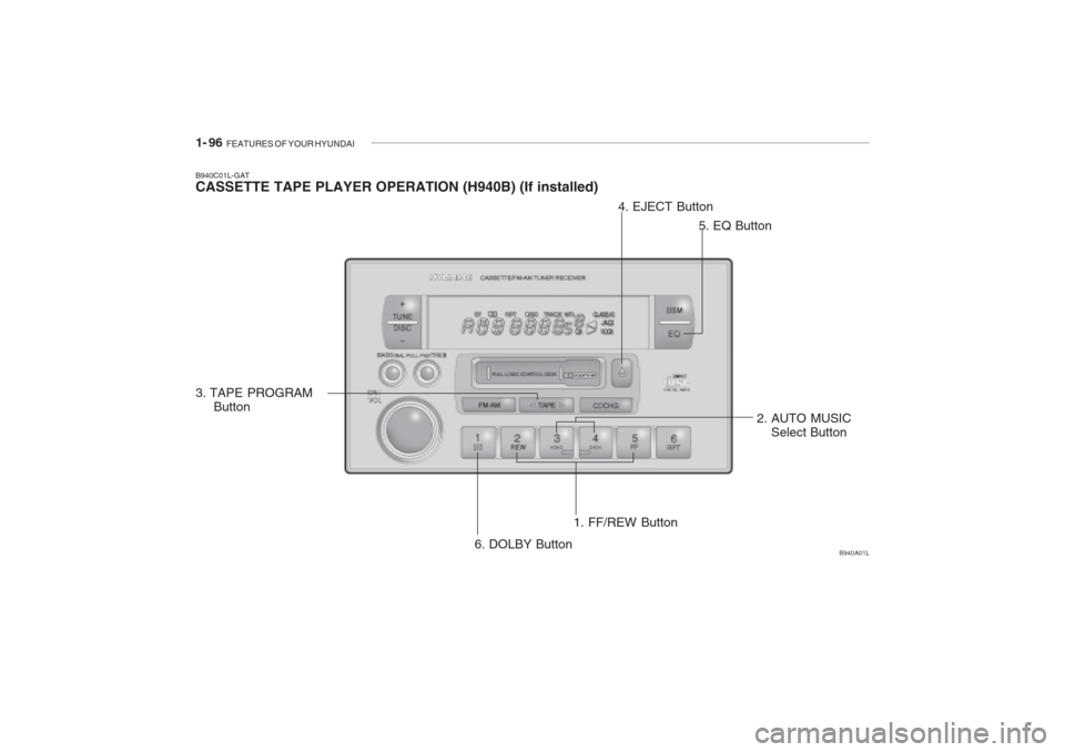Hyundai Grandeur 2002  Owners Manual 1- 96  FEATURES OF YOUR HYUNDAI
B940C01L-GAT CASSETTE TAPE PLAYER OPERATION (H940B) (If installed)
1. FF/REW Button
B940A01L
2. AUTO MUSICSelect Button
3. TAPE PROGRAM
 Button 4. EJECT Button
5. EQ Bu