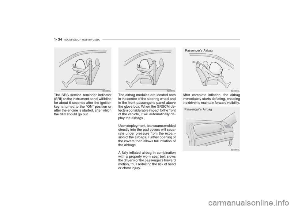 Hyundai Grandeur 2002 Service Manual 1- 34 FEATURES OF YOUR HYUNDAI
Passengers Airbag
B240B05L
B240B04L
Passengers Airbag
After complete inflation, the airbag immediately starts deflating, enablingthe driver to maintain forward visibi Hyundai Grandeur 2002 Service Manual 1- 34 FEATURES OF YOUR HYUNDAI
Passengers Airbag
B240B05L
B240B04L
Passengers Airbag
After complete inflation, the airbag immediately starts deflating, enablingthe driver to maintain forward visibi
