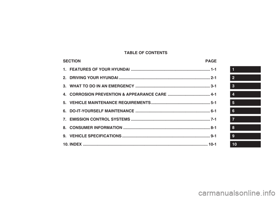 Hyundai Grandeur 2002  Owners Manual TABLE OF CONTENTS
SECTION PAGE
1. FEATURES OF YOUR  HYUNDAI ....................................................................... 1-1
2. DRIVING YOUR  HYUNDAI .......................................