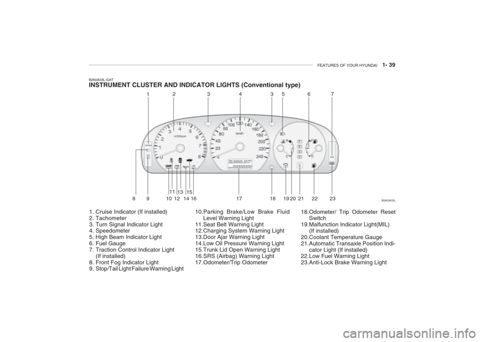 Hyundai Grandeur 2002  Owners Manual FEATURES OF YOUR HYUNDAI   1- 39
B260A03L-GAT INSTRUMENT CLUSTER AND INDICATOR LIGHTS (Conventional type)
1. Cruise Indicator (If installed) 
2. Tachometer
3. Turn Signal Indicator Light 
4. Speedomet