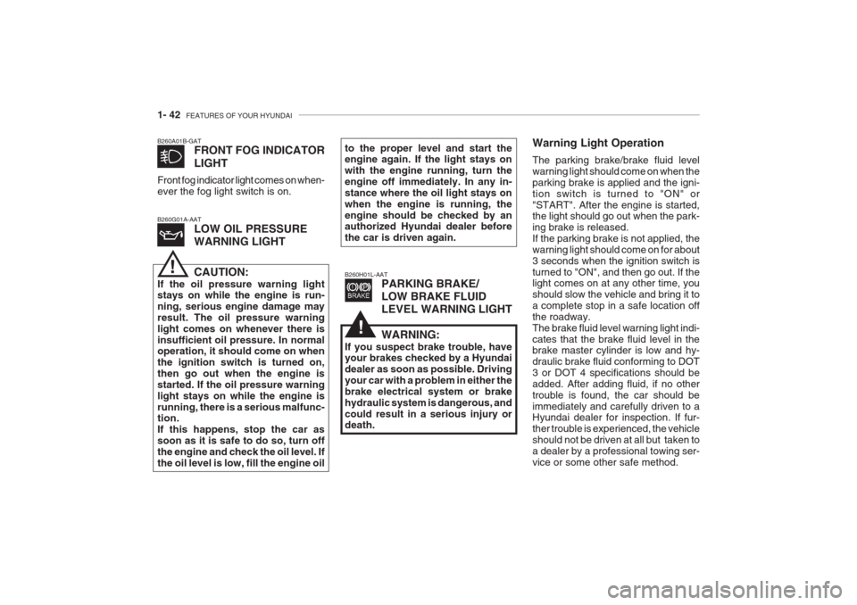 Hyundai Grandeur 2002  Owners Manual 1- 42  FEATURES OF YOUR HYUNDAI
B260A01B-GAT
FRONT FOG INDICATOR LIGHT
Front fog indicator light comes on when- ever the fog light switch is on. B260G01A-AAT LOW OIL PRESSURE WARNING LIGHT CAUTION:
If