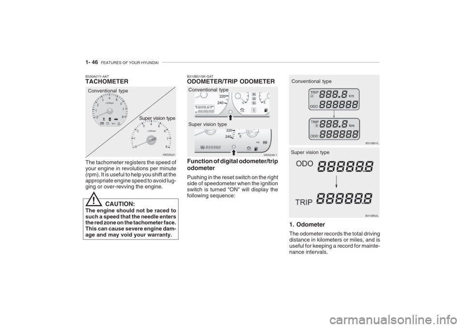 Hyundai Grandeur 2002 Workshop Manual 1- 46 FEATURES OF YOUR HYUNDAI
B310B02L
Super vision type
1. Odometer The odometer records the total driving distance in kilometers or miles, and isuseful for keeping a record for mainte-nance interv Hyundai Grandeur 2002 Workshop Manual 1- 46 FEATURES OF YOUR HYUNDAI
B310B02L
Super vision type
1. Odometer The odometer records the total driving distance in kilometers or miles, and isuseful for keeping a record for mainte-nance interv