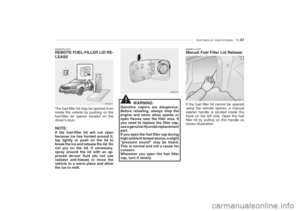 Hyundai Grandeur 2002 Manual PDF FEATURES OF YOUR HYUNDAI 1- 67
HXGS255
WARNING:
Gasoline vapors are dangerous. Before refueling, always stop theengine and never allow sparks oropen flames near the filler area. Ifyou need to replac Hyundai Grandeur 2002 Manual PDF FEATURES OF YOUR HYUNDAI 1- 67
HXGS255
WARNING:
Gasoline vapors are dangerous. Before refueling, always stop theengine and never allow sparks oropen flames near the filler area. Ifyou need to replac