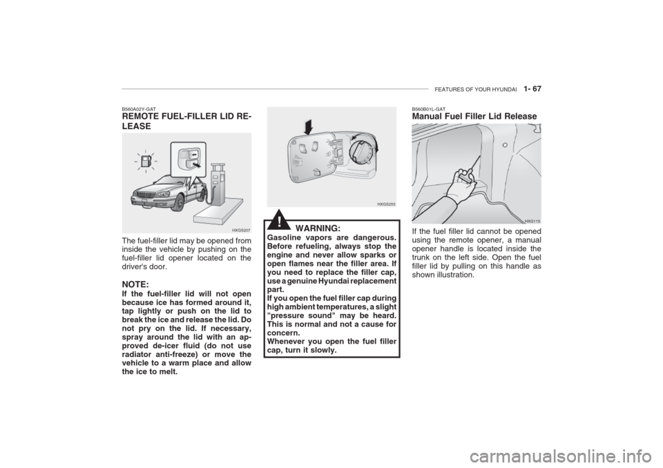 Hyundai Grandeur 2002  Owners Manual FEATURES OF YOUR HYUNDAI   1- 67
HXGS255
WARNING:
Gasoline vapors are dangerous. Before refueling, always stop theengine and never allow sparks oropen flames near the filler area. Ifyou need to replac