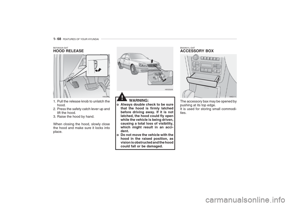 Hyundai Grandeur 2002 Manual Online 1- 68 FEATURES OF YOUR HYUNDAI
The accessory bax may be opened by pushing at its top edge.It is used for storing small commodi-ties.B500A01L-GAT ACCESSORY BOX
HXG111
HXG047
B570A02A-GAT HOOD RELEASE Hyundai Grandeur 2002 Manual Online 1- 68 FEATURES OF YOUR HYUNDAI
The accessory bax may be opened by pushing at its top edge.It is used for storing small commodi-ties.B500A01L-GAT ACCESSORY BOX
HXG111
HXG047
B570A02A-GAT HOOD RELEASE