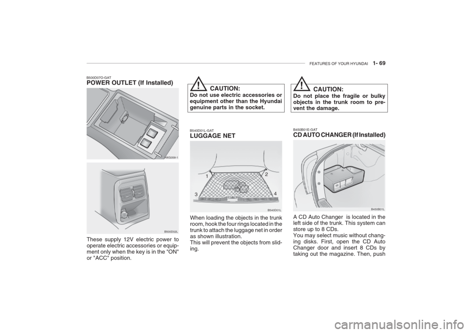 Hyundai Grandeur 2002  Owners Manual FEATURES OF YOUR HYUNDAI   1- 69
B540D01L
B540D01L-GAT LUGGAGE NET
When loading the objects in the trunk room, hook the four rings located in thetrunk to attach the luggage net in orderas shown illust