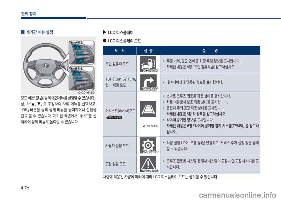 Hyundai Grandeur Hybrid 2018  그랜저 HG HEV - 사용 설명서 (in Korean) 4-76
편의보장치
보
0 계기판보메뉴보설정보
룞드보버튼점보접을보눌러보메인메뉴를보설
할보