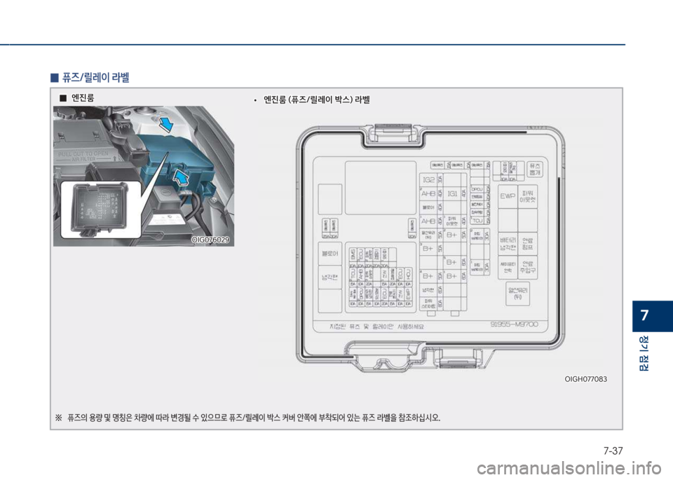 Hyundai Grandeur Hybrid 2017  그랜저 HG HEV - 사용 설명서 (in Korean) 7-37
정기 점검
7
 
0 퓨즈호릴레이 라벨
차I찍독혹77혹83차I찍독혹77혹83
차I찍혹7룩혹2화
차I찍혹7룩혹2화
좋보 퓨

