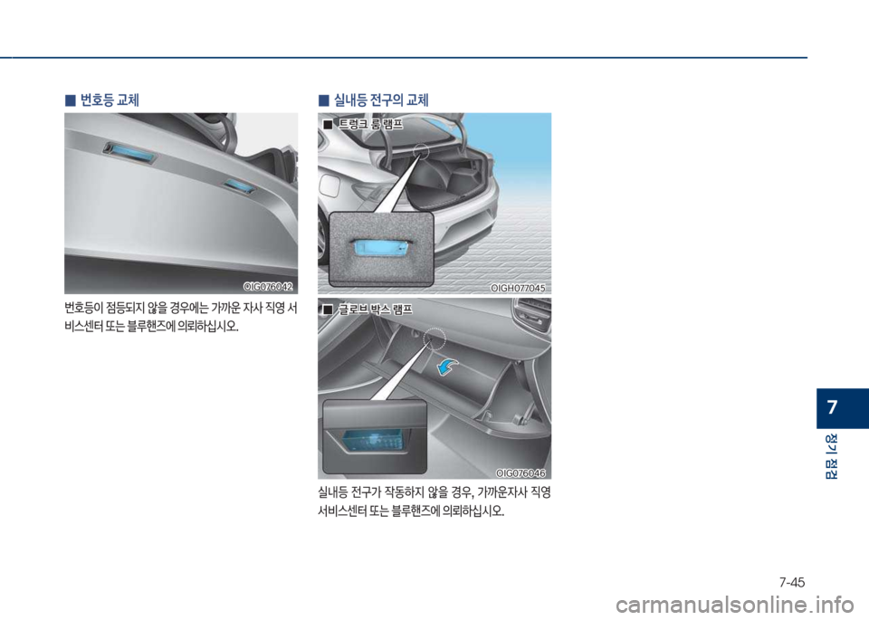 Hyundai Grandeur Hybrid 2017  그랜저 HG HEV - 사용 설명서 (in Korean) 7-45
정기 점검
7
 
0 번
등 교체
번
등이보
|등되
