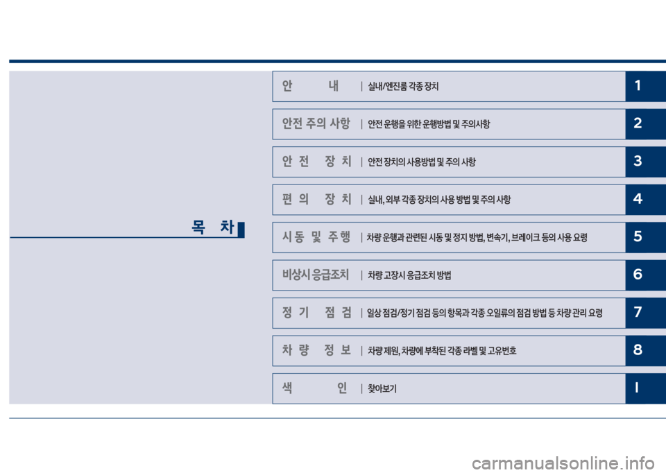 Hyundai Grandeur Hybrid 2017  그랜저 HG HEV - 사용 설명서 (in Korean) 1
2
3
4
5
6
7
8
I
안                내 
안전 주의 사항
안전 장치
편의 장치
시동 및 주행
비상시 응급조치
정기 점검
차량 정보
색       인
목    차
┃ 실내/엔