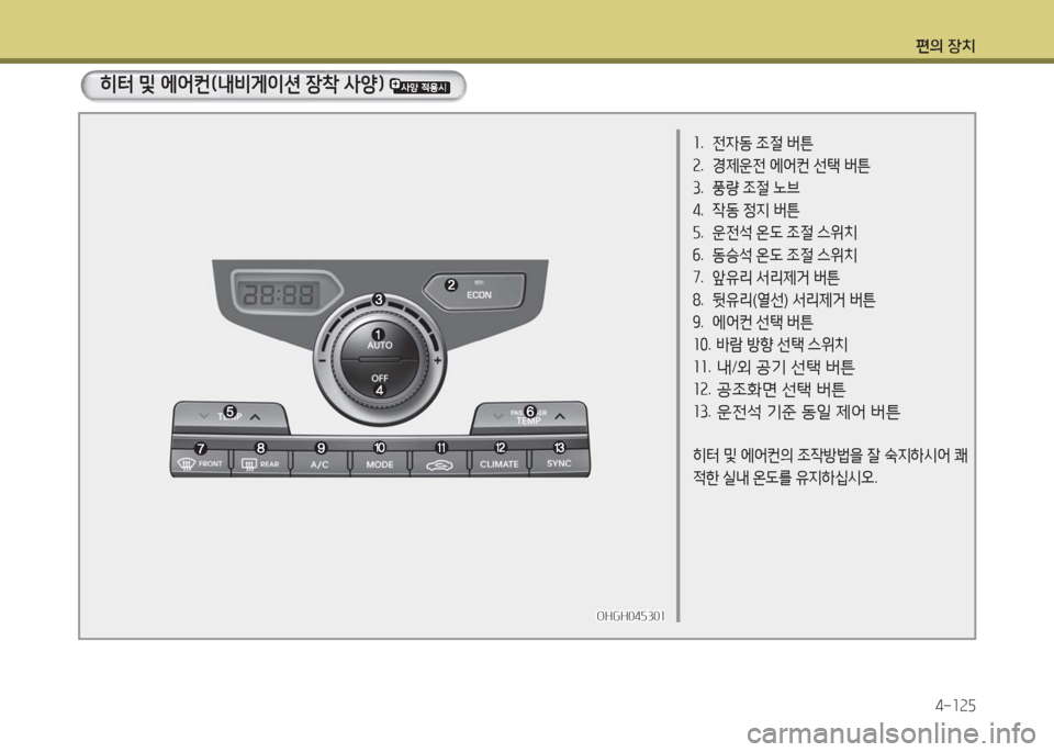 Hyundai Grandeur Hybrid 2016  그랜저 HG HEV - 사용 설명서 (in Korean) 편의 장치
4-125
1. 전자동 조절 버튼
2. 경제운전 에어컨 선택 버튼
3. 풍량 조절 노브
4. 작동 정지 버튼
5. 운전석 온도 조절 스위치
6. 동승석 온도 조절 