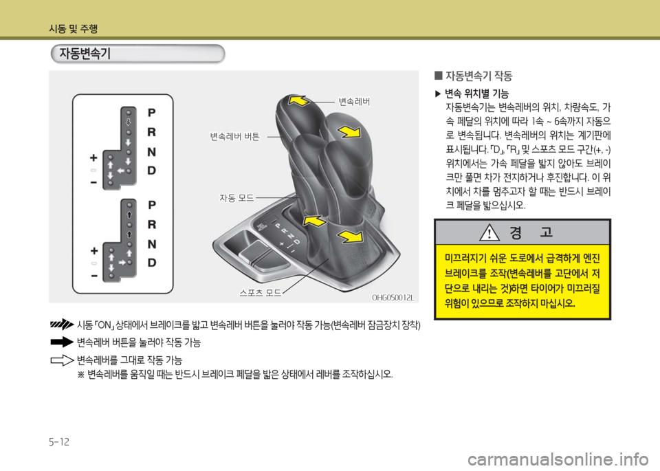 Hyundai Grandeur Hybrid 2016  그랜저 HG HEV - 사용 설명서 (in Korean) 시동 및 주행
5-12
변속레버변속레버
변속레버 버튼변속레버 버튼
자동 모드자동 모드
스포츠 모드스포츠 모드OHG050012LOHG050012L
자동변속기
 0자동변속