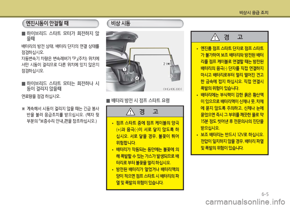 Hyundai Grandeur Hybrid 2016  그랜저 HG HEV - 사용 설명서 (in Korean) 비상시 응급 조치
6-5
엔진시동이 안걸릴 때
 0배터리 방전 시 점프 스타트 요령
비상 시동
 • 엔진룸 점프 스타트 단자로 점프 스타트
가 불가하여 보