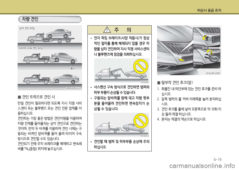 Hyundai Grandeur Hybrid 2016  그랜저 HG HEV - 사용 설명서 (in Korean) 비상시 응급 조치
6-19
 •전자 파킹 브레이크(사양 적용시)가 정상
적인 절차를 통해 해제되지 않을 경우 차
량을 상차 견인하여 자사 직영 서비스센터
