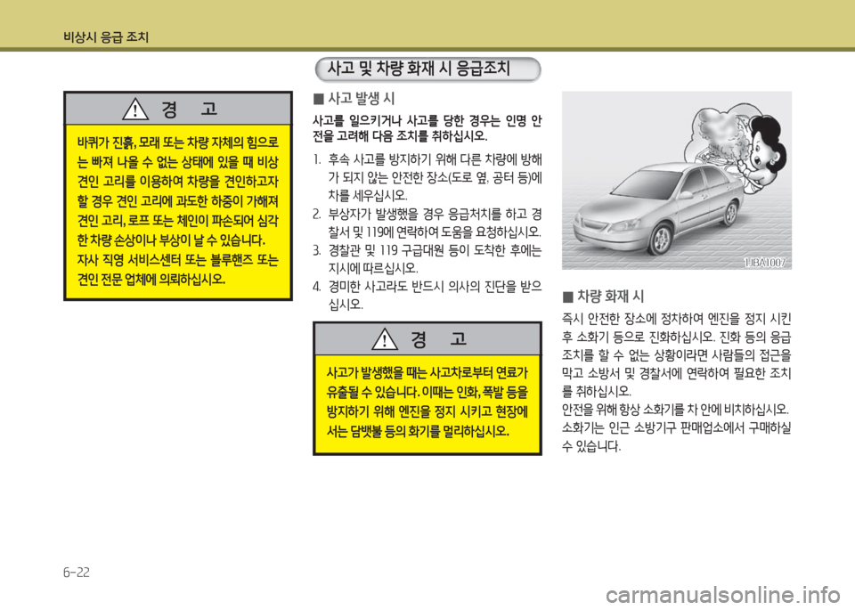 Hyundai Grandeur Hybrid 2016  그랜저 HG HEV - 사용 설명서 (in Korean) 비상시 응급 조치
6-22
 0사고 발생 시
사고를  일으키거나  사고를  당한  경우는  인명  안
전을 고려해 다음 조치를 취하십시오.
1. 후속 사고를 방지하