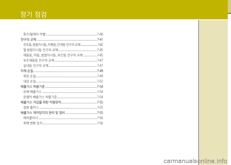 Hyundai Grandeur Hybrid 2016  그랜저 HG HEV - 사용 설명서 (in Korean) 정기 점검
퓨즈/릴레이 라벨 . . . . . . . . . . . . . . . . . . . . . . . . . . . . . . . . . . . . . . . . . . . . . . . . . . . . . . . . . . . .7-40
전구의 교체 . . . . . . . . . . .