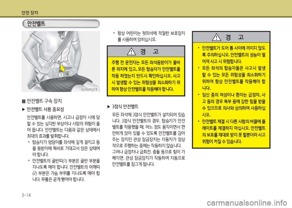 Hyundai Grandeur Hybrid 2016  그랜저 HG HEV - 사용 설명서 (in Korean) 안전 장치
3-14
 •항상 어린이는 뒷좌석에 적절한 보호장치
를 사용하여 앉히십시오.
 ▶3점식 안전벨트
 모든 좌석에 3점식 안전벨트가 설치되어 있습
