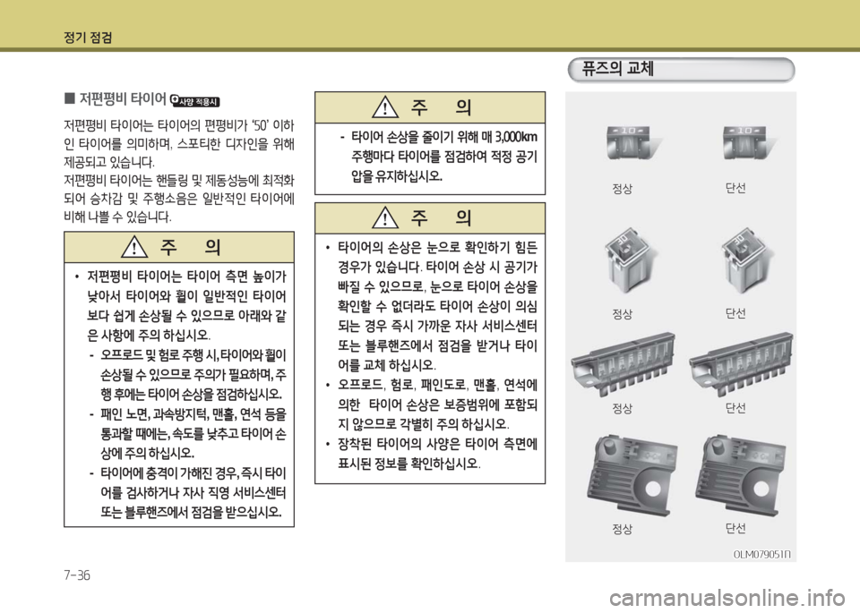 Hyundai Grandeur Hybrid 2016  그랜저 HG HEV - 사용 설명서 (in Korean) 정기 점검
7-36
단선
단선
단선
정상
정상
정상
단선정상
OLM079051NOLM079051N
퓨즈의 교체
 0저편평비 타이어 
저편평비 타이어는 타이어의 편평비가 ‘50’ 