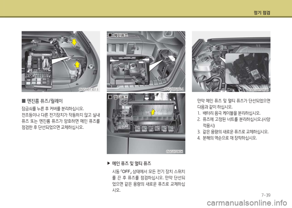 Hyundai Grandeur Hybrid 2016  그랜저 HG HEV - 사용 설명서 (in Korean) 정기 점검
7-39
 0엔진룸 퓨즈/릴레이
잠금쇠를 누른 후 커버를 분리하십시오.
전조등이나 다른 전기장치가 작동하지 않고 실내 
퓨즈 또는 엔진룸 퓨즈