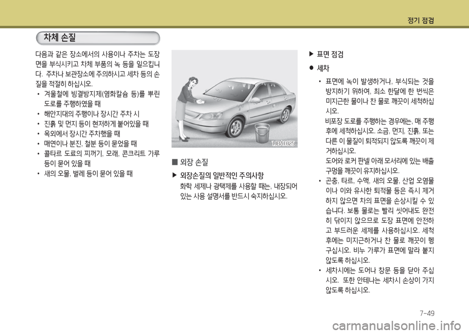 Hyundai Grandeur Hybrid 2016  그랜저 HG HEV - 사용 설명서 (in Korean) 정기 점검
7-49
 ▶표면 점검
 ●세차
 •표면에 녹이 발생하거나, 부식되는 것을 
방지하기 위하여, 최소 한달에 한 번씩은 
미지근한 물이나 찬 물로 깨