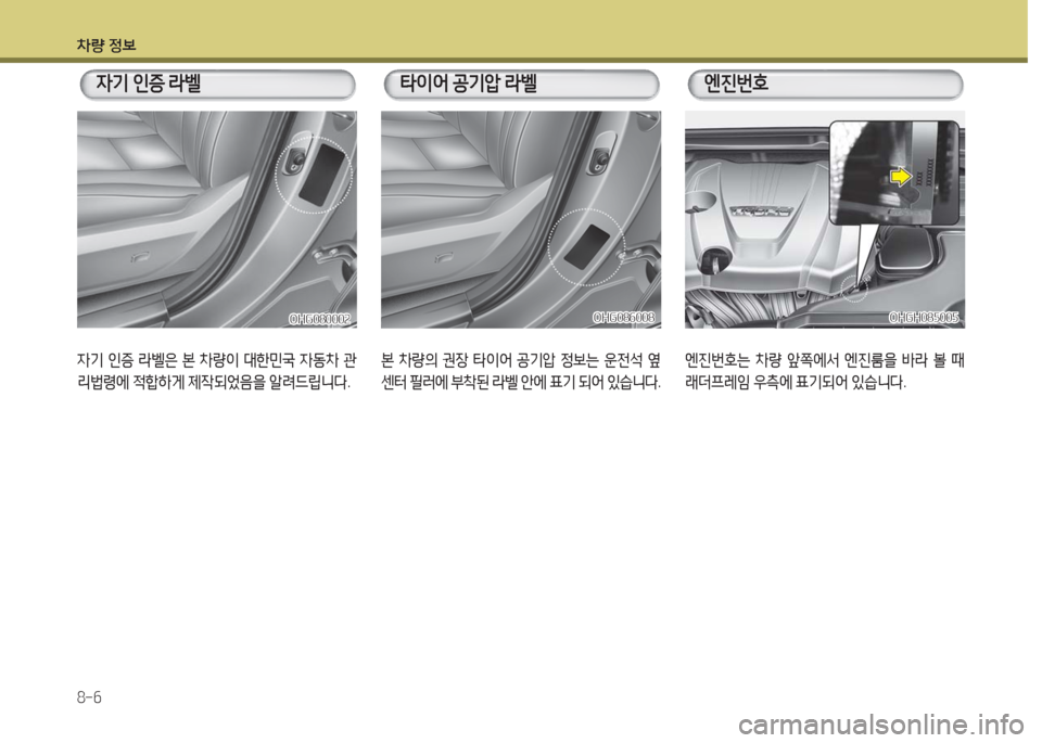 Hyundai Grandeur Hybrid 2016  그랜저 HG HEV - 사용 설명서 (in Korean) 차량 정보
8-6
타이어 공기압 라벨 엔진번호
자기 인증 라벨은 본 차량이 대한민국 자동차 관
리법령에 적합하게 제작되었음을 알려드립니다.
자기 인