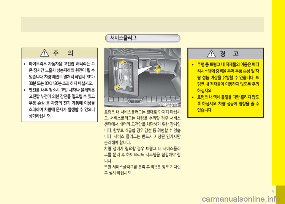 Hyundai Grandeur Hybrid 2016  그랜저 HG HEV - 사용 설명서 (in Korean) 9
서비스플러그
 •하이브리드 자동차용 고전압 배터리는 고
온 장시간 노출시 성능저하의 원인이 될 수 
있습니다. 차량 페인트 열처리 작업시 70°C / 
