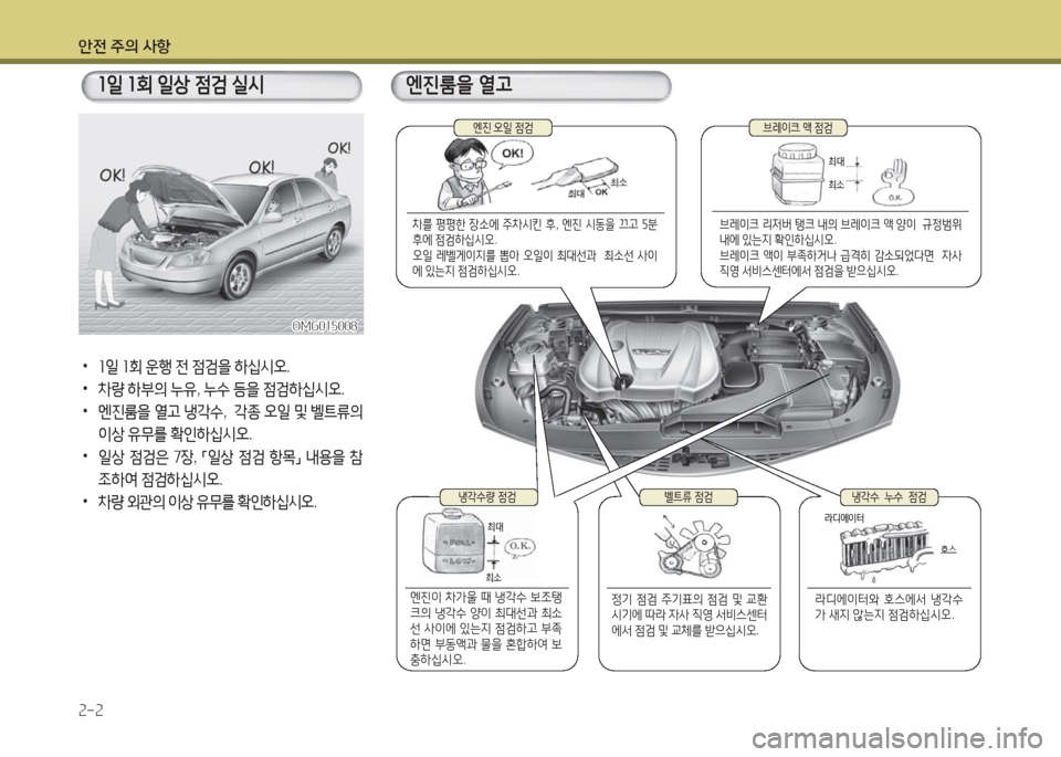 Hyundai Grandeur Hybrid 2016  그랜저 HG HEV - 사용 설명서 (in Korean) 안전 주의 사항
2-2
 •1일 1회 운행 전 점검을 하십시오.
 • 차량 하부의 누유, 누수 등을 점검하십시오.
 • 엔진룸을 열고 냉각수,  각종 오일 및 벨트�