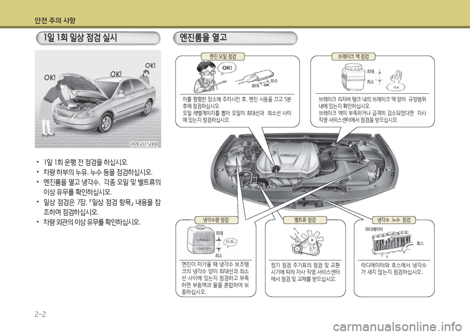 Hyundai Grandeur Hybrid 2016  그랜저 HG HEV - 사용 설명서 (in Korean) 안전 주의 사항
2-2
 •1일 1회 운행 전 점검을 하십시오.
 • 차량 하부의 누유, 누수 등을 점검하십시오.
 • 엔진룸을 열고 냉각수,  각종 오일 및 벨트