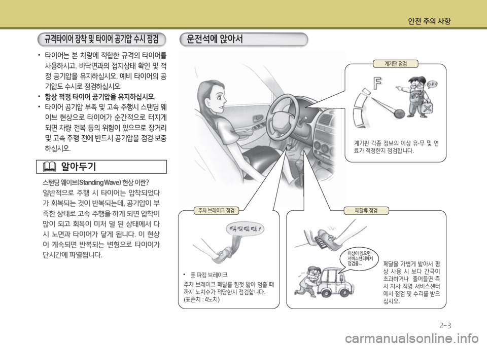 Hyundai Grandeur Hybrid 2016  그랜저 HG HEV - 사용 설명서 (in Korean) 안전 주의 사항
2-3
 •타이어는 본 차량에 적합한 규격의 타이어를 
사용하시고, 바닥면과의 접지상태 확인 및 적
정 공기압을 유지하십시오. 예비 타�