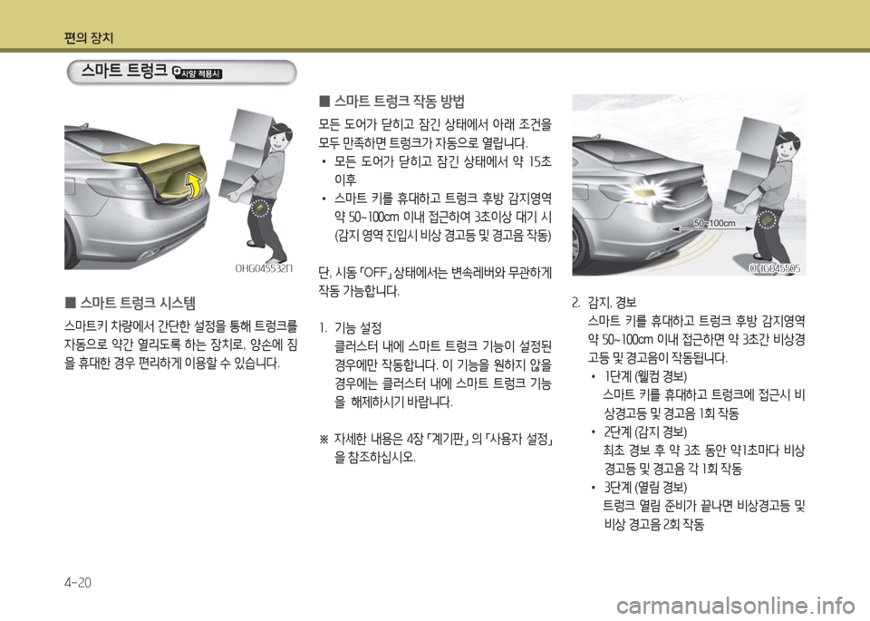 Hyundai Grandeur Hybrid 2016  그랜저 HG HEV - 사용 설명서 (in Korean) 편의 장치
4-20
스마트 트렁크 
OHG045505OHG045505OHG045532NOHG045532N
 0스마트 트렁크 시스템
스마트키 차량에서 간단한 설정을 통해 트렁크를 
자동으로 약간 