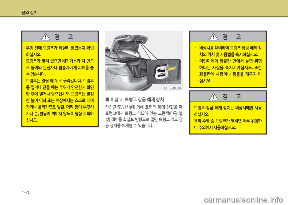 Hyundai Grandeur Hybrid 2015  그랜저 HG HEV - 사용 설명서 (in Korean) 편의 장치 4-속0
 
0 비상
 /d  ?@렁크  4(