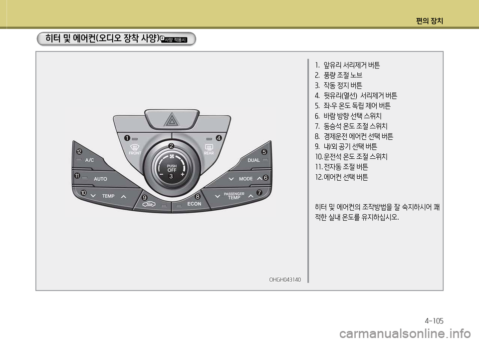 Hyundai Grandeur Hybrid 2014  그랜저 HG HEV - 사용 설명서 (in Korean) 편의 장치4-소0자
좌.  앞유리  -