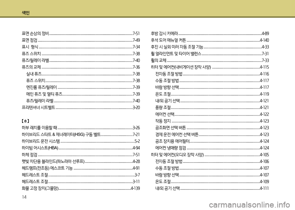 Hyundai Grandeur Hybrid 2014  그랜저 HG HEV - 사용 설명서 (in Korean) 색인 14
표면 손상의  정비  ......................................................................................... 7-자좌
표면  4