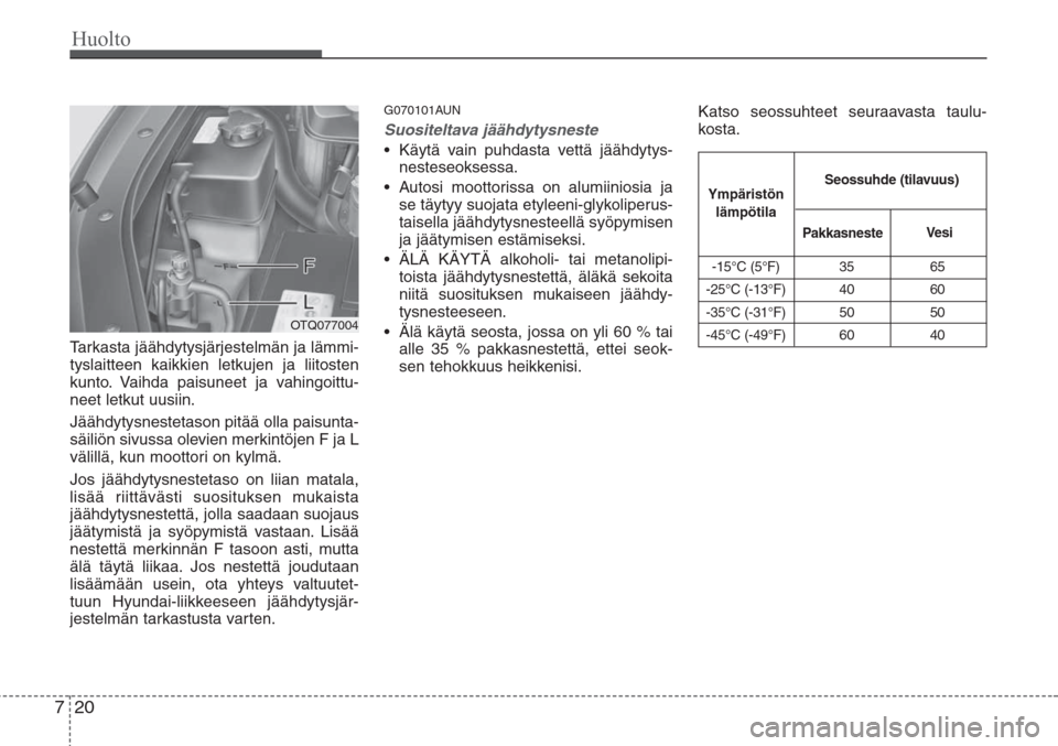 Hyundai H-1 2008 Omistajan Käsikirja (in Finnish) Huolto
20 7
Tarkasta jäähdytysjärjestelmän ja lämmi-
tyslaitteen kaikkien letkujen ja liitosten
kunto. Vaihda paisuneet ja vahingoittu-
neet letkut uusiin.
Jäähdytysnestetason pitää olla pais Hyundai H-1 2008 Omistajan Käsikirja (in Finnish) Huolto
20 7
Tarkasta jäähdytysjärjestelmän ja lämmi-
tyslaitteen kaikkien letkujen ja liitosten
kunto. Vaihda paisuneet ja vahingoittu-
neet letkut uusiin.
Jäähdytysnestetason pitää olla pais
