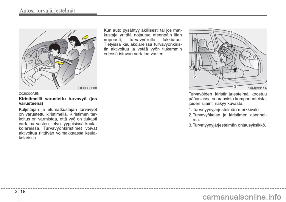 Hyundai H-1 2008 Omistajan Käsikirja (in Finnish) Autosi turvajärjestelmät
18 3
C020200AEN
Kiristimellä varustettu turvavyö (jos
varusteena)
Kuljettajan ja etumatkustajan turvavyöt
on varustettu kiristimellä. Kiristimen tar-
koitus on varmistaa Hyundai H-1 2008 Omistajan Käsikirja (in Finnish) Autosi turvajärjestelmät
18 3
C020200AEN
Kiristimellä varustettu turvavyö (jos
varusteena)
Kuljettajan ja etumatkustajan turvavyöt
on varustettu kiristimellä. Kiristimen tar-
koitus on varmistaa