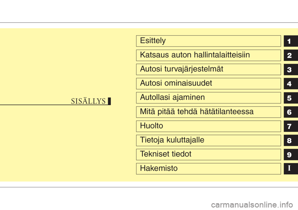 Hyundai H-1 2008  Omistajan Käsikirja (in Finnish) 1
2
3
4
5
6
7
8
9Esittely
Katsaus auton hallintalaitteisiin
Autosi turvajärjestelmät
Autosi ominaisuudet
Autollasi ajaminen
Mitä pitää tehdä hätätilanteessa
Huolto
Tietoja kuluttajalle
Teknise