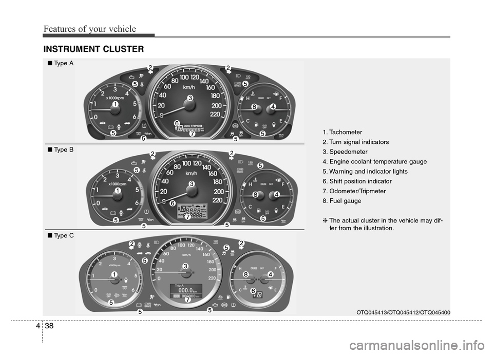 Hyundai H-1 (Grand Starex) 2016 Owners Manual Features of your vehicle
38 4
INSTRUMENT CLUSTER
1. Tachometer
2. Turn signal indicators
3. Speedometer
4. Engine coolant temperature gauge
5. Warning and indicator lights
6. Shift position indicator
Hyundai H-1 (Grand Starex) 2016 Owners Manual Features of your vehicle
38 4
INSTRUMENT CLUSTER
1. Tachometer
2. Turn signal indicators
3. Speedometer
4. Engine coolant temperature gauge
5. Warning and indicator lights
6. Shift position indicator