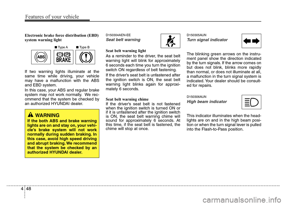 Hyundai H-1 (Grand Starex) 2016  Owners Manual Features of your vehicle
48 4
Electronic brake force distribution (EBD)
system warning light
If two warning lights illuminate at the
same time while driving, your vehicle
may have a malfunction with t
