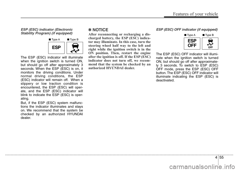 Hyundai H-1 (Grand Starex) 2016  Owners Manual 455
Features of your vehicle
ESP (ESC) indicator (Electronic
Stability Program) (if equipped)
The ESP (ESC) indicator will illuminate
when the ignition switch is turned ON,
but should go off after app