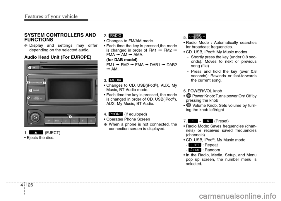 Hyundai H-1 (Grand Starex) 2016 Owners Manual Features of your vehicle
126 4
SYSTEM CONTROLLERS AND
FUNCTIONS
❈Display and settings may differ
depending on the selected audio.
Audio Head Unit (For EUROPE)
1. (EJECT)
• Ejects the disc.2.
• C Hyundai H-1 (Grand Starex) 2016 Owners Manual Features of your vehicle
126 4
SYSTEM CONTROLLERS AND
FUNCTIONS
❈Display and settings may differ
depending on the selected audio.
Audio Head Unit (For EUROPE)
1. (EJECT)
• Ejects the disc.2.
• C