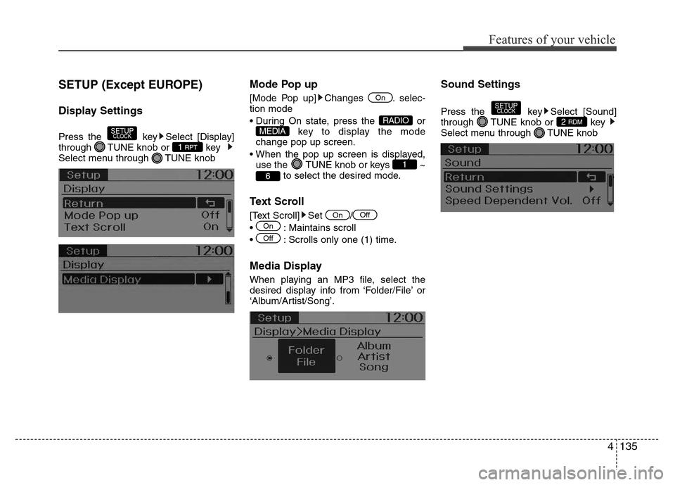 Hyundai H-1 (Grand Starex) 2016  Owners Manual 4135
Features of your vehicle
SETUP (Except EUROPE)
Display Settings
Press the  key Select [Display]
through  TUNE knob or  key  
Select menu through  TUNE knob
Mode Pop up
[Mode Pop up] Changes  . se