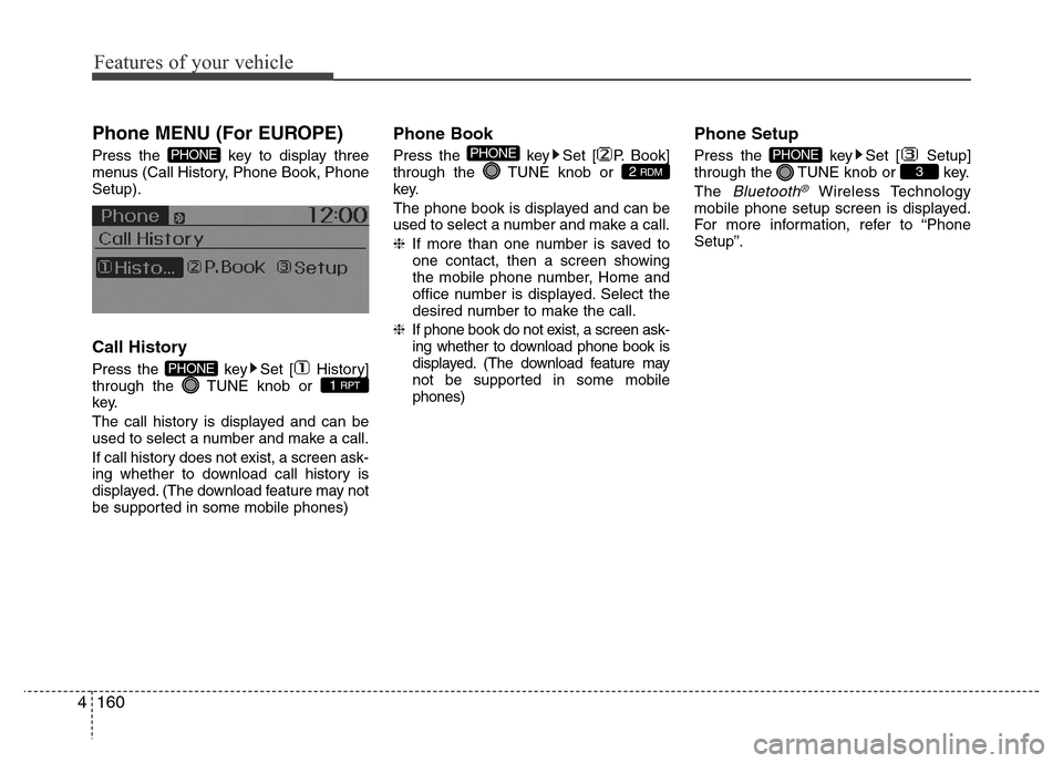 Hyundai H-1 (Grand Starex) 2016 User Guide Features of your vehicle
160 4
Phone MENU (For EUROPE)
Press the  key to display three
menus (Call History, Phone Book, Phone
Setup).
Call History
Press the  key Set [ History]
through the  TUNE knob 