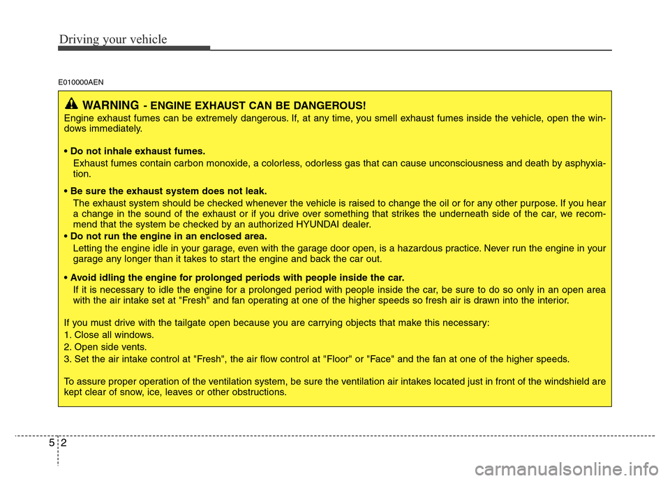 Hyundai H-1 (Grand Starex) 2016  Owners Manual Driving your vehicle
2 5
E010000AEN
WARNING- ENGINE EXHAUST CAN BE DANGEROUS!
Engine exhaust fumes can be extremely dangerous. If, at any time, you smell exhaust fumes inside the vehicle, open the win