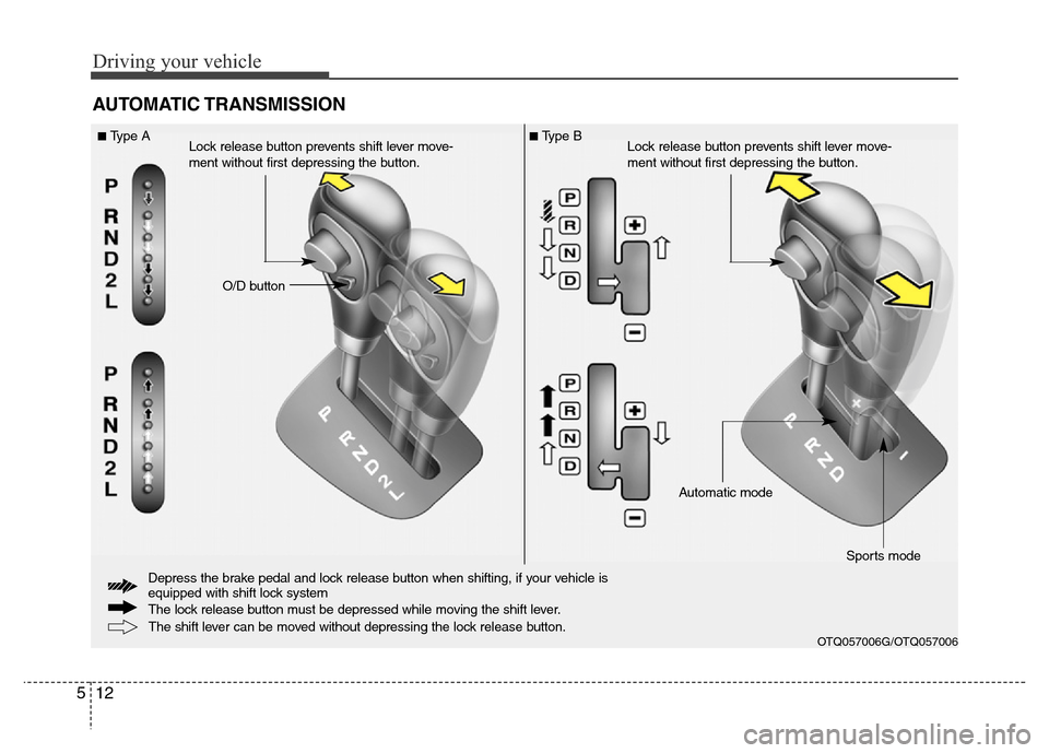 Hyundai H-1 (Grand Starex) 2016  Owners Manual Driving your vehicle
12 5
AUTOMATIC TRANSMISSION
The shift lever can be moved without depressing the lock release button.
O/D button
■Type ALock release button prevents shift lever move-
ment withou